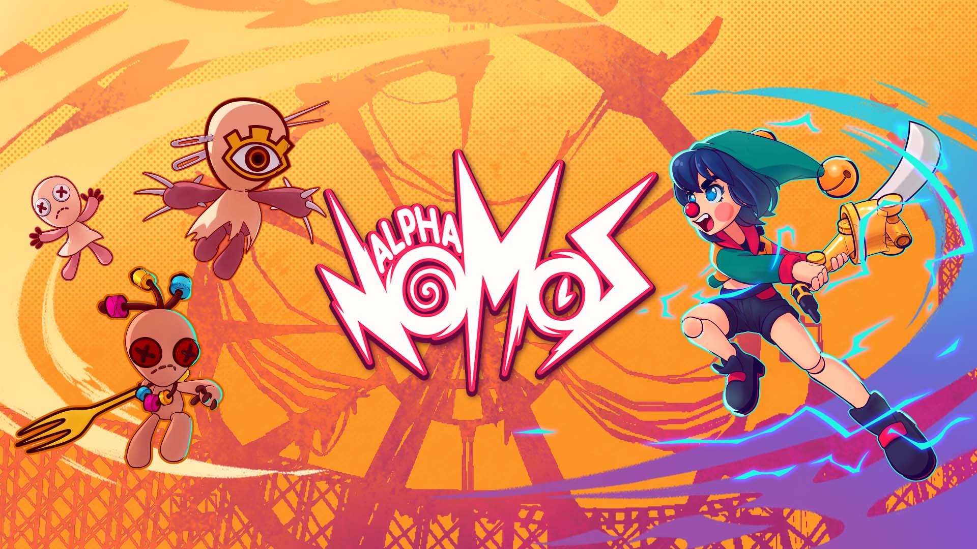 Visuel officiel d'Alpha Nomos : Cello affronte des marionnettes sur un fond musical orange et rose