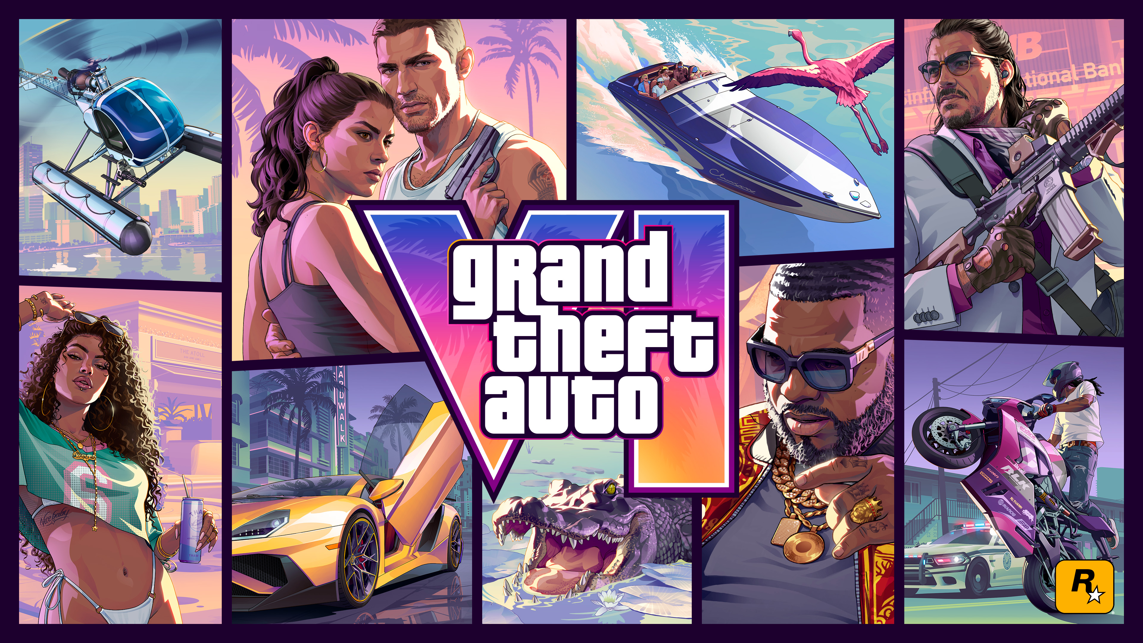 Artwork officiel de Grand Theft Auto VI avec Jason et Lucia